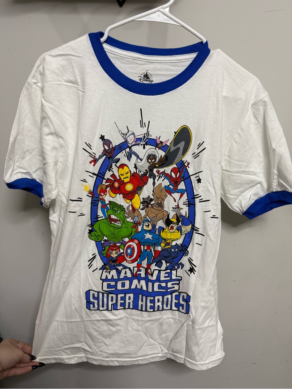 Disney Marvel Comics Super Heroes White & Blue Juniors T-Shirt